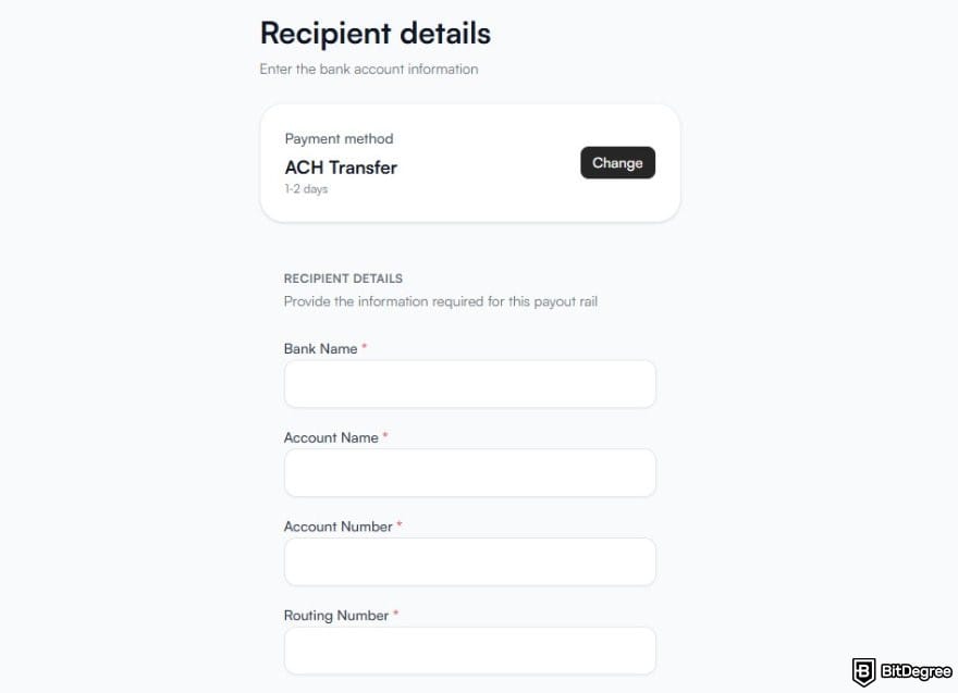 Best way to send money to USA: the page for recipient's details for USD ACH transfer on Ogvio.