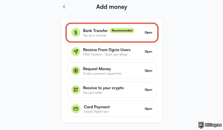 Ogvio review: a button to make a bank transfer deposit.