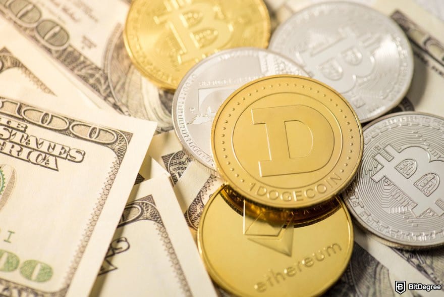 Ogvio review: cryptocurrency coins and fiat bank notes.