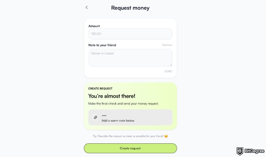 Ogvio review: a window for creating a request link.