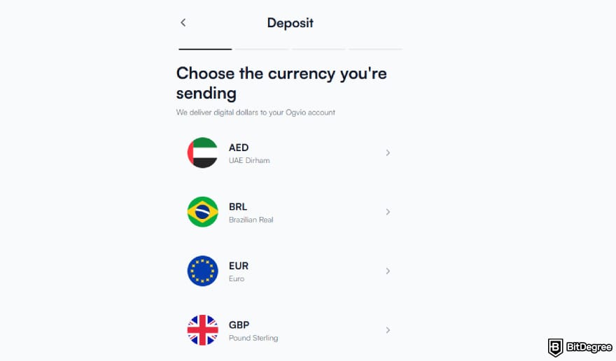 Ogvio review: picking a currency to deposit.