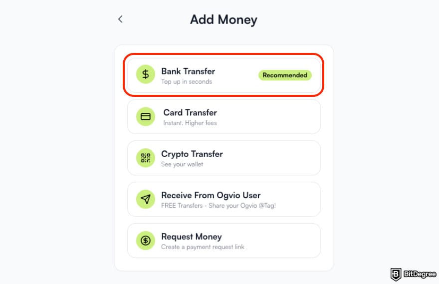 Ogvio review: a button to make a bank transfer deposit.