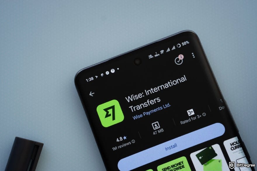 Ogvio review: a phone displaying Wise's Google Play page.