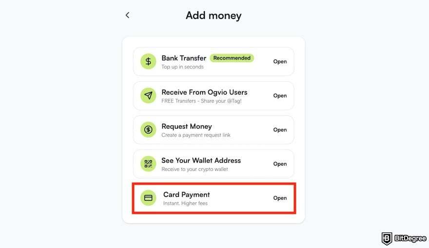 How to withdraw cash from credit card: the Card Payment option on Ogvio's website highlighted.