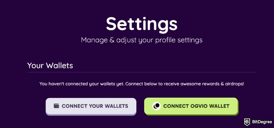 The [Connect Ogvio Wallet] button in the BitDegree Mission platform settings.
