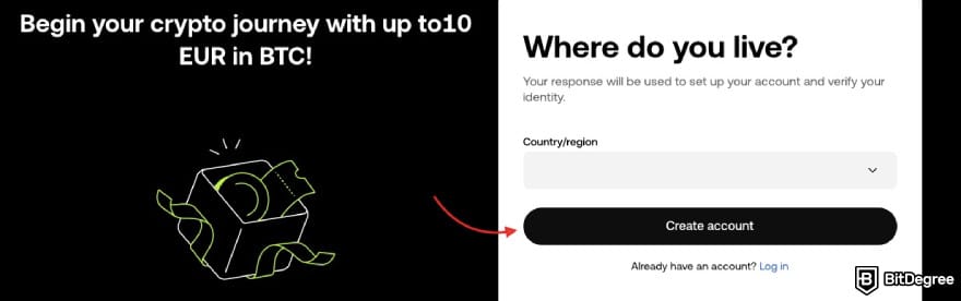 OKX margin trading: a red arrow pointing to the [Create account] button on OKX's sign up page.