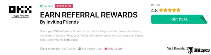 OKX referral code: an OKX coupon on BitDegree's page.