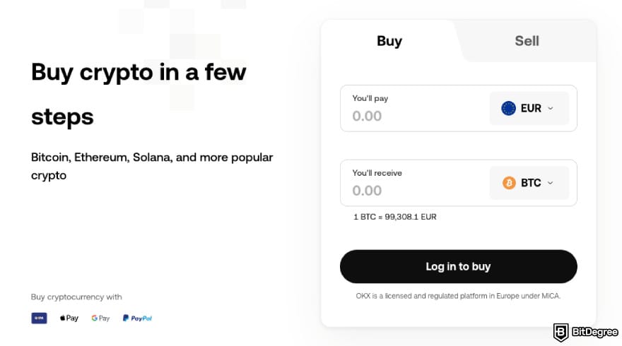 OKX exchange review: the Buy and Sell crypto feature on OKX.