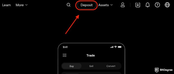 OKX exchange review: the [Deposit] button.