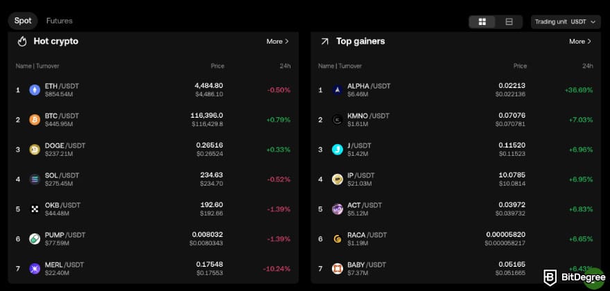 OKX exchange review: hot crypto and top gainer dashboards.