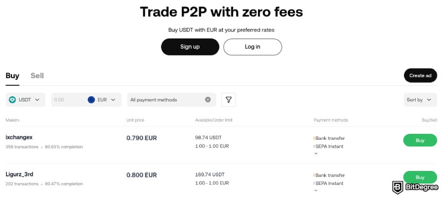 OKX exchange review: P2P trading interface.