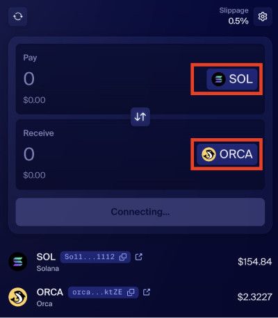 Đánh giá sàn giao dịch Orca: ảnh chụp màn hình lựa chọn tiền của Orca để giao dịch.