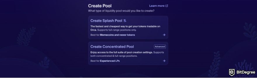 Orca exchange review: a screenshot of Orca's liquidity pool creation process.