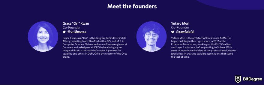 Orca exchange review: a screenshot of Orca's founders' profiles.