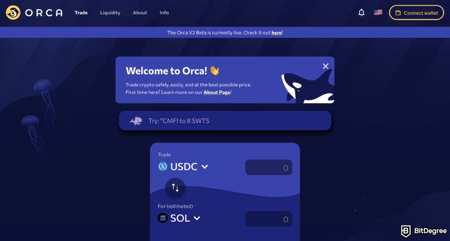 Orca exchange review: a screenshot of Orca's landing page.