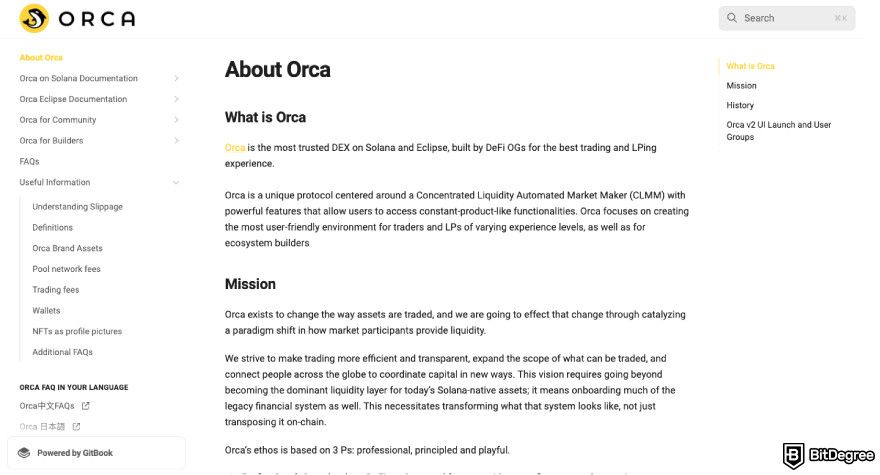 Orca exchange review: a screenshot of Orca's user guide.