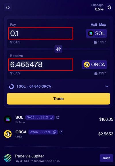 Orca exchange review: a screenshot of Orca's trading interface.