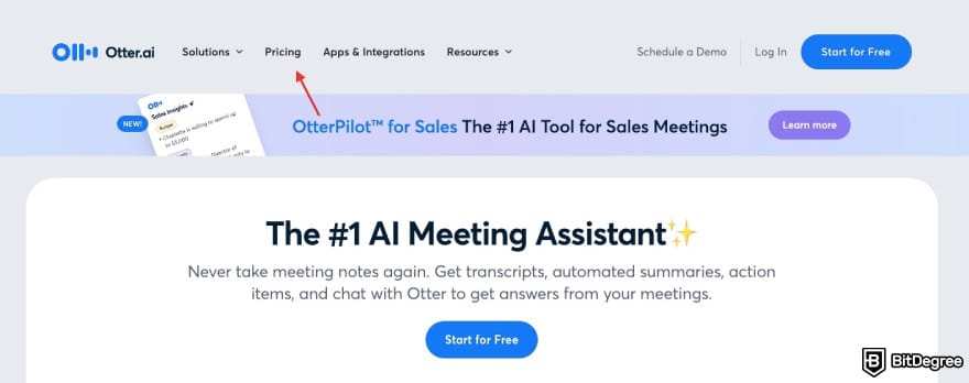 Otter.ai coupon code: a red arrow pointing to the Pricing section.