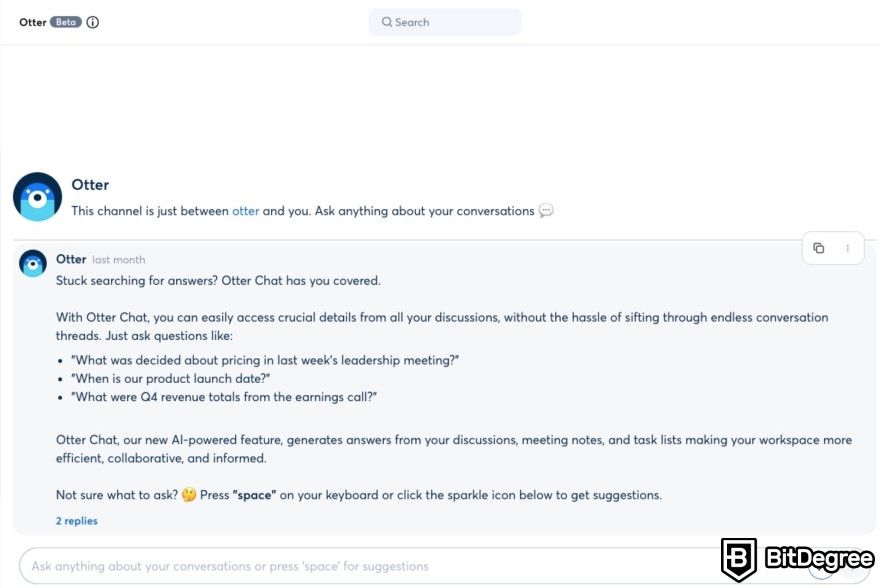 Otter.ai review: Otter's chatbot window.