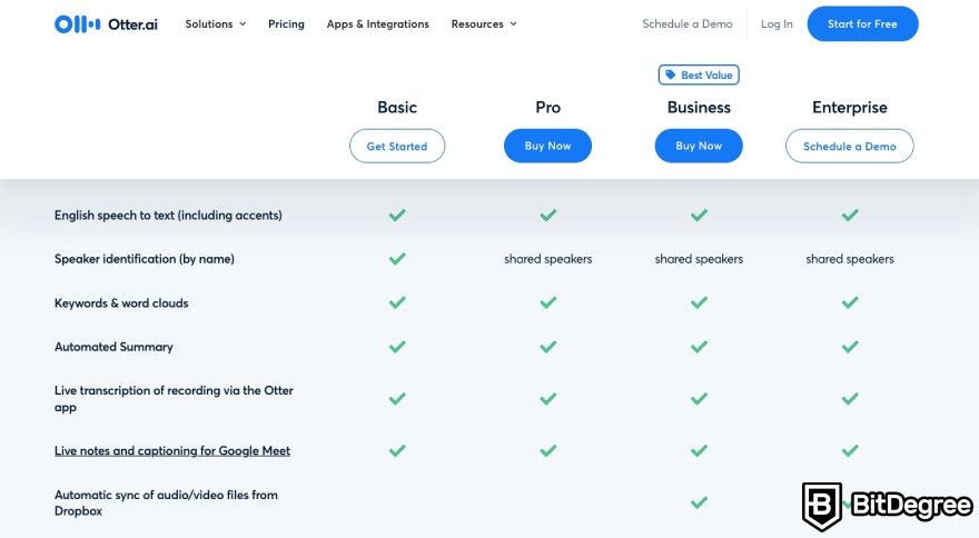 Otter.ai review: Otter's plans benefit comparison.