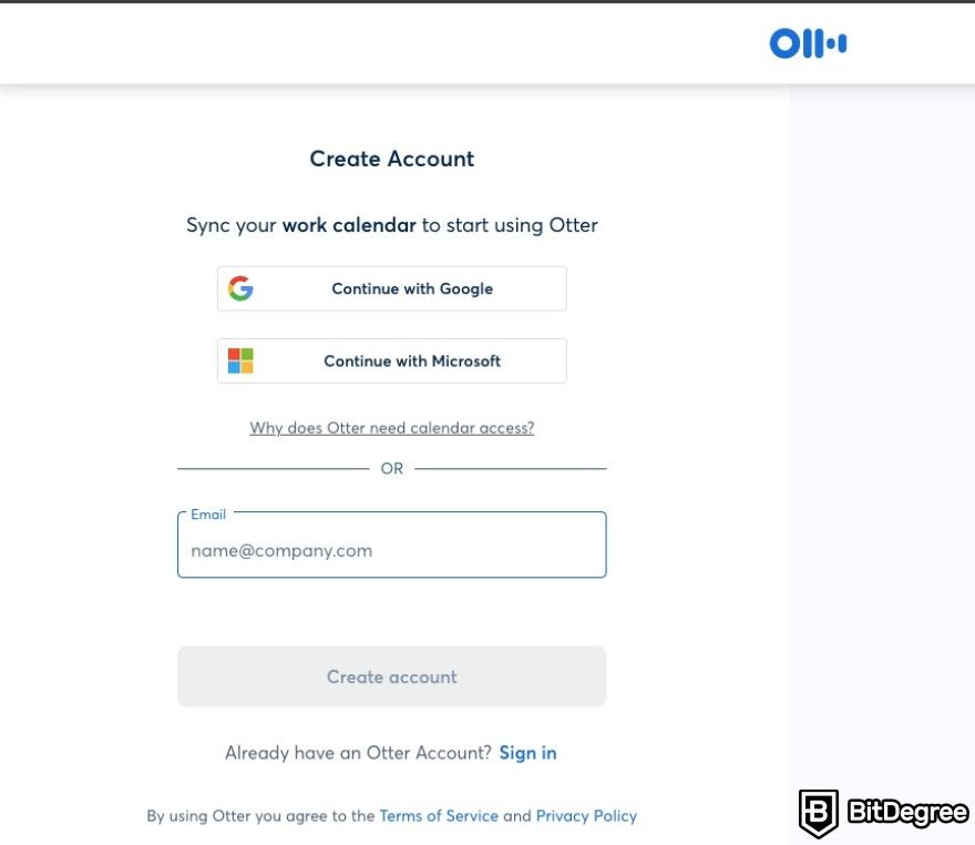 Otter.ai review: Otter's page for creating an account.