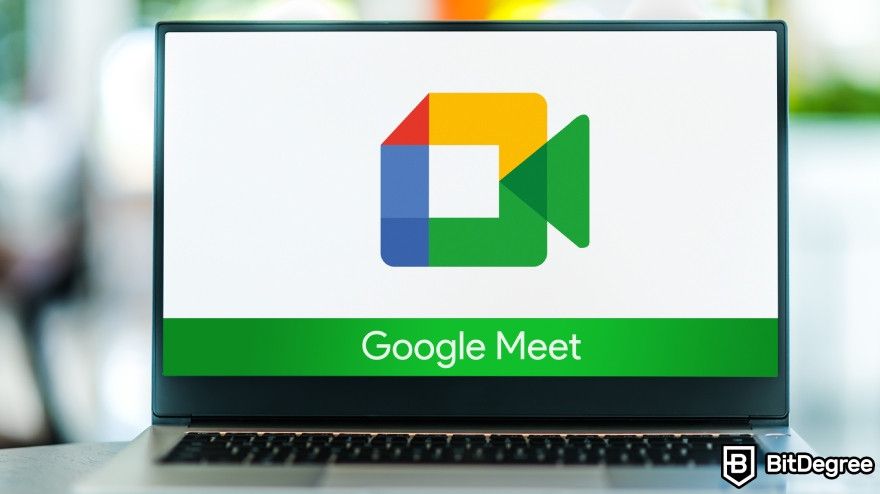 Otter.ai review: Laptop with a Google Meet logo.