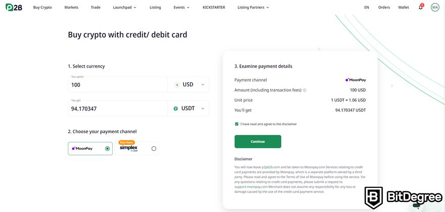 P2B review: buy crypto with credit/debit card.