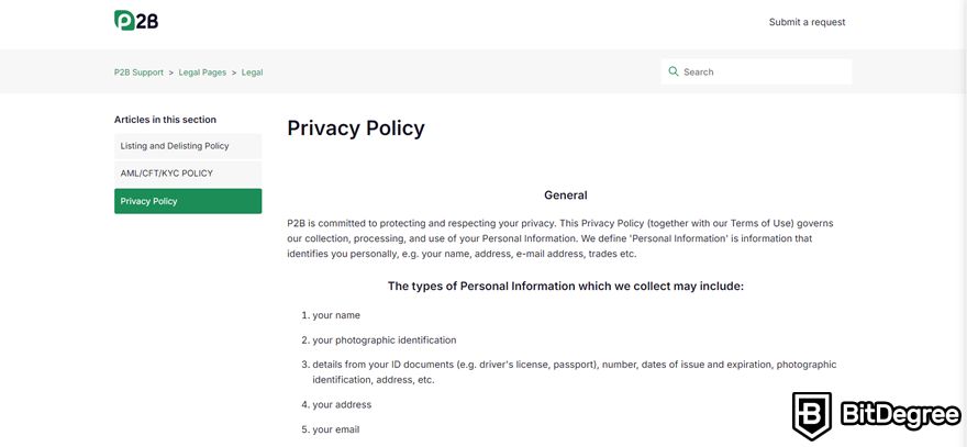 P2B review: privacy policy page.