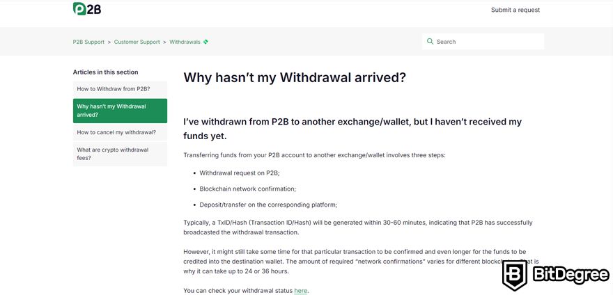 P2B review: withdrawal-related question on the help center.