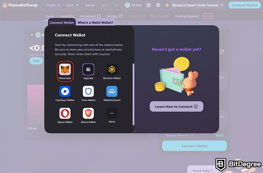 PancakeSwap liquidity: connect MetaMask.