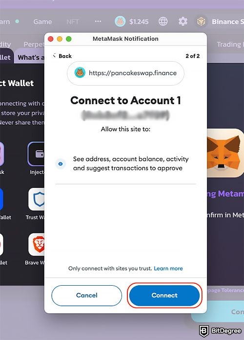 PancakeSwap liquidity: MetaMask connection confirmation.