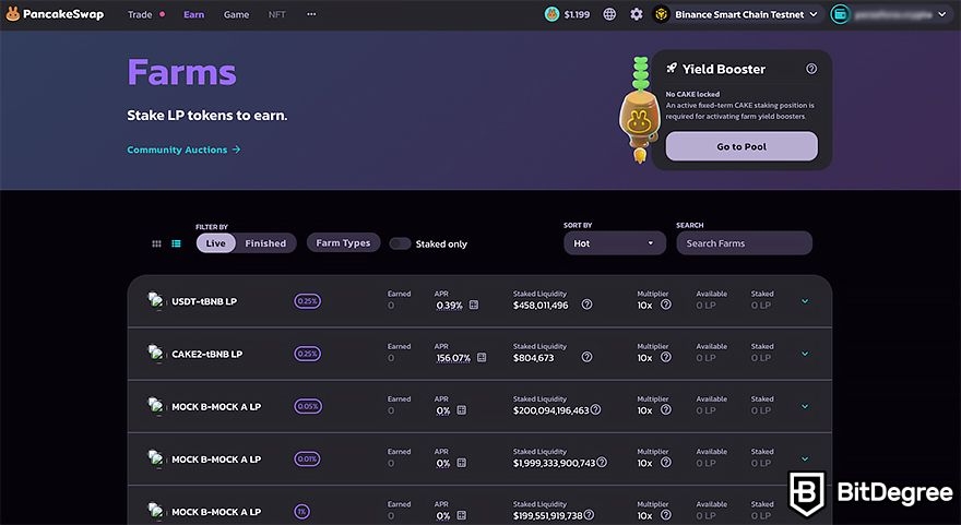 PancakeSwap staking: PancakeSwap's Farms landing page.