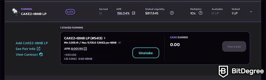 PancakeSwap staking: staking window once you set everything up.