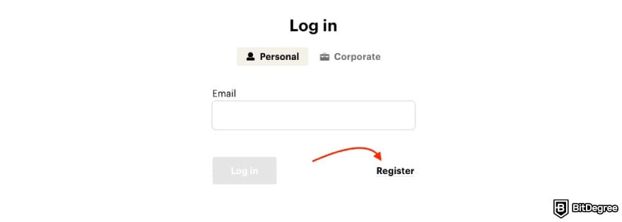 Paybis promo code: a red arrow pointing to the [Register] button on Paybis' page.