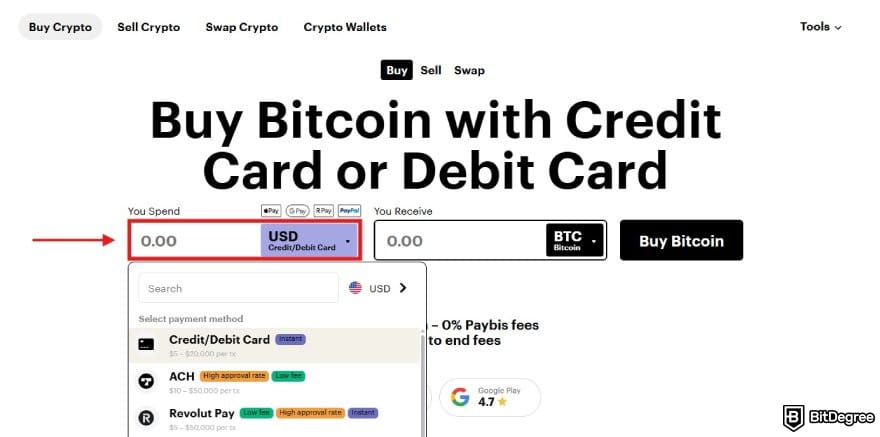 Paybis review: the buy crypto interface with the You Spend box highlighted.