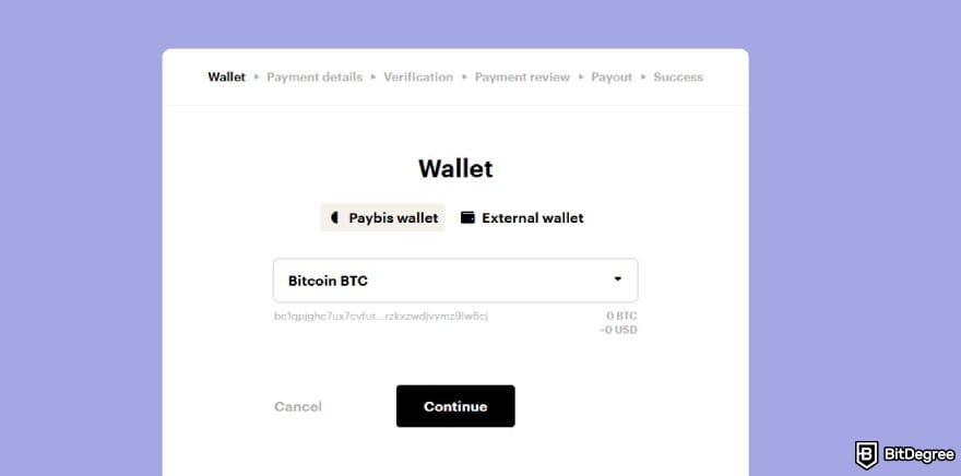 Paybis review: the wallet option when buying crypto on Paybis.