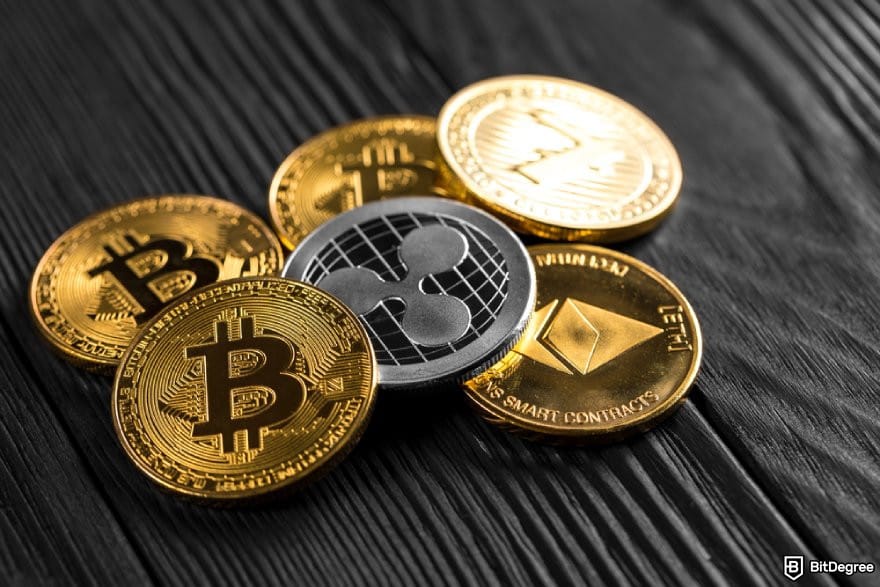 Paybis review: different crypto coins on a black surface.