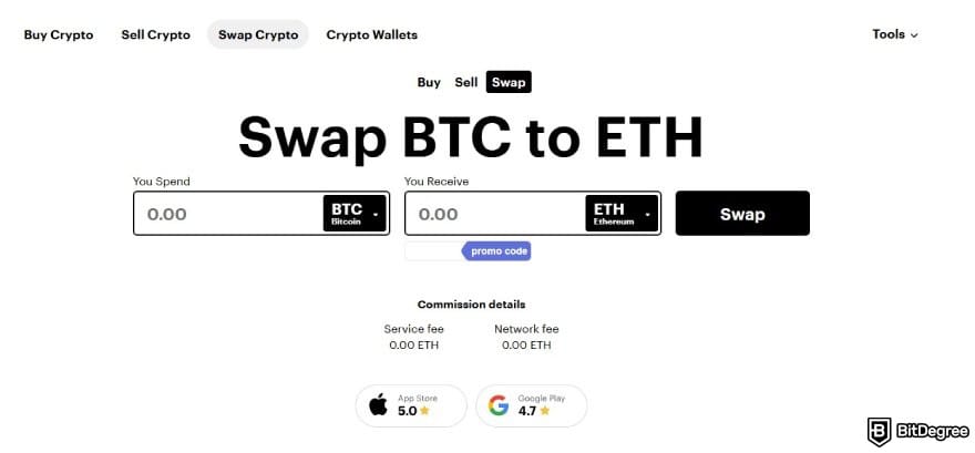 Paybis review: the crypto swap interface on Paybis website.