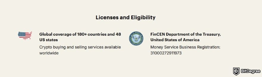 Paybis review: Paybis' licenses and eligibility section on its homepage.