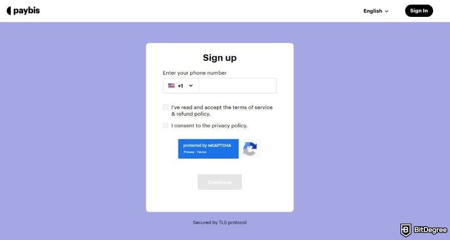 Paybis review: the page for entering phone number when registering on Paybis.