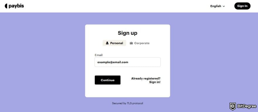 Paybis review: the sign up page on Paybis.