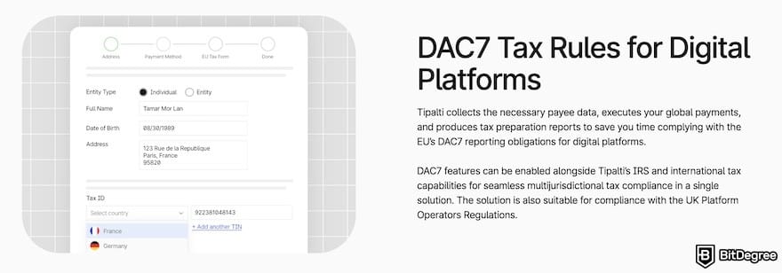 Payoneer alternative: Tipalti's tax assistant interface for DAC7 tax rules.