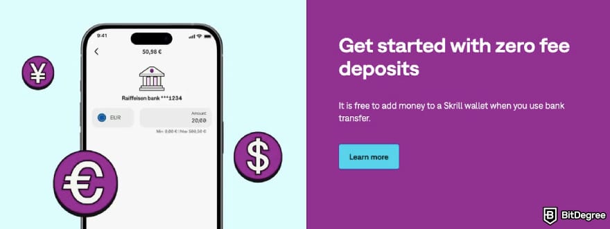 PayPal alternative: Skrill showcasing that they offer zero fee deposits.