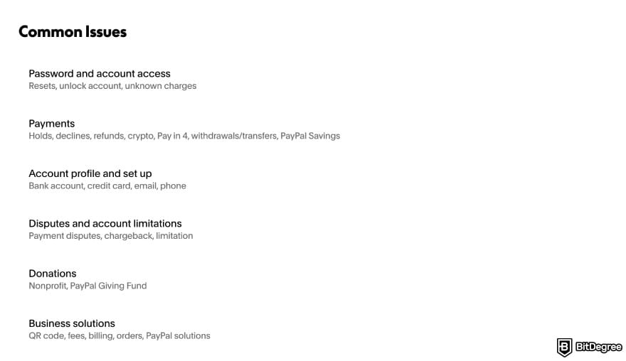 PayPal review: PayPal contacts page showing common issues. PayPal review: PayPal contacts page showing common issues.