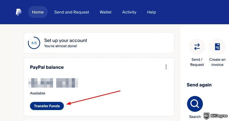 PayPal review: PayPal homepage highlighting the transfer funds button. PayPal review: PayPal homepage highlighting the transfer funds button.