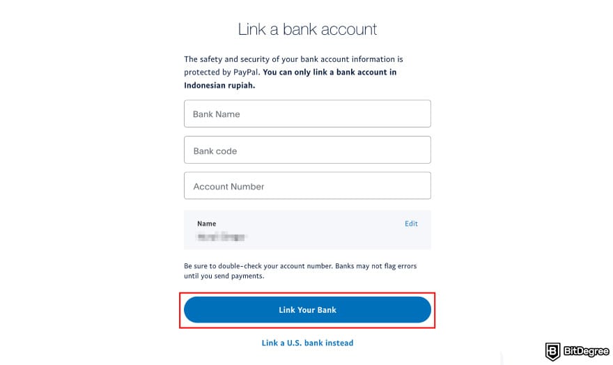 PayPal review: PayPal link a bank account page. PayPal review: PayPal link a bank account page.