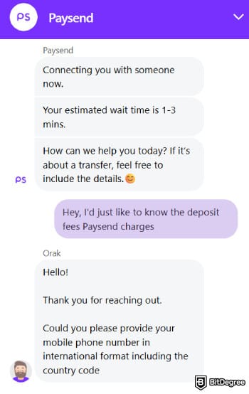 Paysend review: Paysend's customer service conversation sample.