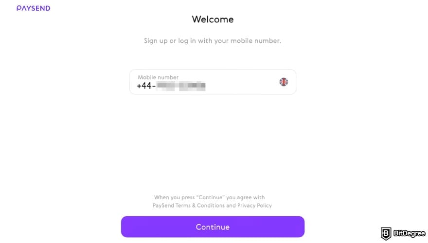 Paysend review: sign up with a phone number.
