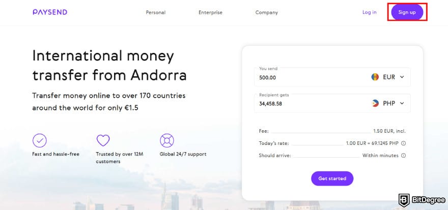 Paysend review: the [Sign up] button at the top right corner.