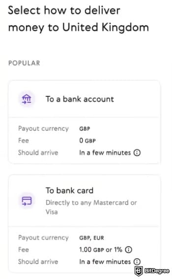 Paysend review: Paysend's sample fees for GBP transfers.